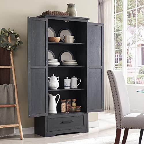 Farmhouse Kitchen Pantry Cabinet - 72" Tall Wood Kitchen Storage Cabinets with Adjustable Shelves & 2 Barn Doors & Drawer, Versatile Storage for Dining Room, Bathroom, Utility Room, Antique Black | Large