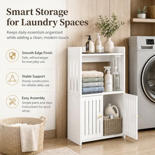 HAYOFAMY 3-Tier Bathroom Storage Cabinet 8.7" D x 14.2" W x 24.8" H | White Floor Cabinet, Freestanding Organizer with Door, for Living Room Kitchen Small Space, PVC Material