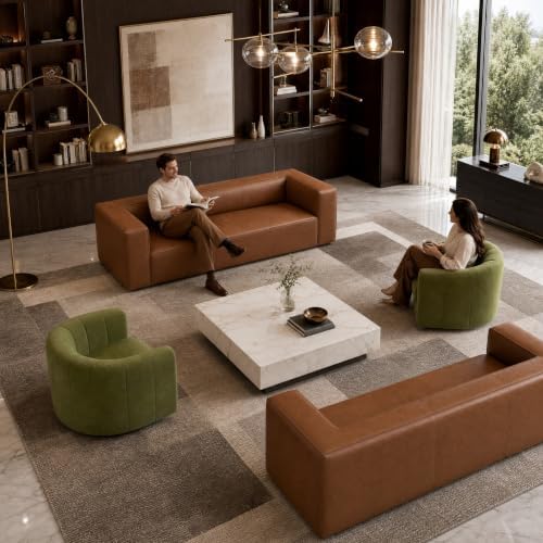 4-Piece Living Room Set, 2 Leather Sofas + 2 Swivel Chairs