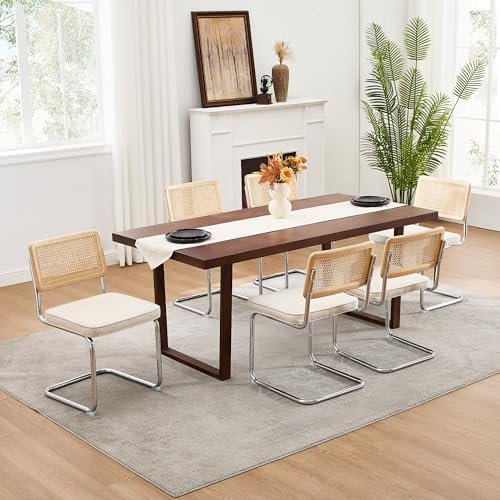 Zesthouse Natural Rattan Dining Chairs Set of 4, Mid Century Modern Dining Chairs with Solid Wood Back & Chrome Base, for Kitchen Living Room, Breuer Design Inspired, Upholstered Linen Fabric, Beige
