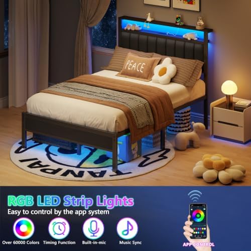 Furnulem Full Size Bed Frame with Charging Station and LED Lights