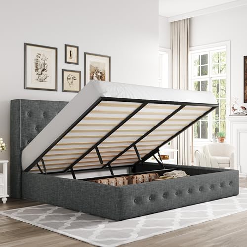 Allewie King Size Lift Up Storage Button-Tufted Bed Frame Dark Grey
