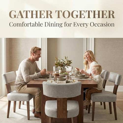 HNY Mid Century Modern Dining Chairs Set of 2, Farmhouse PU Leather Upholstered Accent Chair Curved Backrest Kitchen Chairs, with Hardwood Frame, Grey
