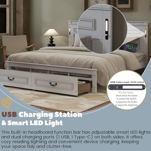 King Bed Frame with 46" Tall Headboard, Farmhouse Solid Wood King Size Platform Bed with 2 Storage Drawers,LED Lights & USB Charging Station,No Box Spring Needed, White