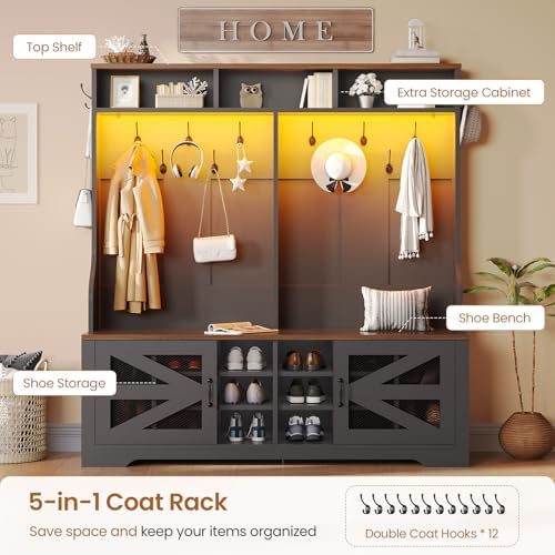 Itaar Hall Tree with Bench and Shoe Storage, 5-in-1 Entryway Bench with Coat Rack, 16 Shoe Cubbies & 12 Coat Hooks, Barn Door & Adjustable Shelf (Black)