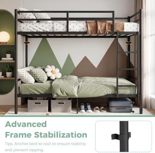 Metal Bunk Bed Twin Over Twin for Kids and Teens, Noise-Free Design, Black