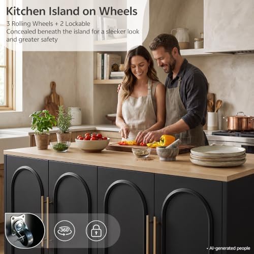 Kitchen Island on Wheels, Rolling Island Cart, Arched Cabinet