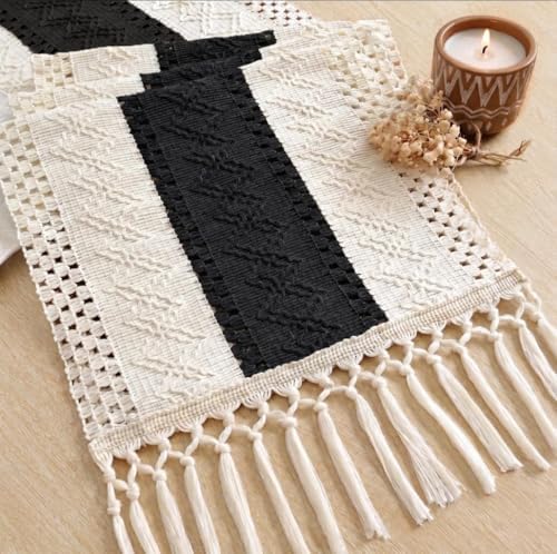 FEXIA Boho Table Runner with Tassels for Home Decor 12x72 Inches Black