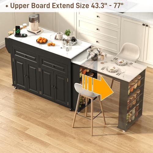 80"-48" Extendable Kitchen Island with Extended Dining Table and Power Outlet,Large Mobile Kitchen Storage Islands with 2 Storage Drawers,Rolling Islands Cart with 3 Extra Rows Open Shelves(Marble Bl)