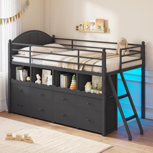 DICTAC Low Loft Bed Twin Size with 8 Drawers, 4 Bookcase & LED Lights,Black