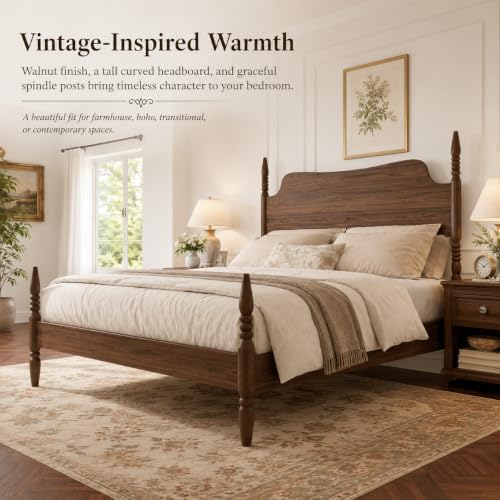 Queen Size Wood Platform Bed Frame with Tall Curved Headboard, Retro Four-Poster Spindle Bed with Solid Rubberwood Posts and Legs, No Box Spring Needed, Walnut Finish