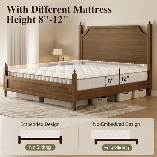 Belffin Wood Queen Size Bed Frame with Vintage Curved Headboard, Brown