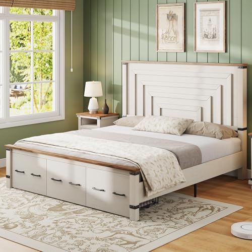 AMERLIFE 5-Piece Farmhouse Bedroom Set, Rustic Wood King Bed Frame with 51" Tall Headboard, 6-Drawer Dresser, 5-Drawer Tall Chest, Nightstands Set of 2 with Charging Station, White
