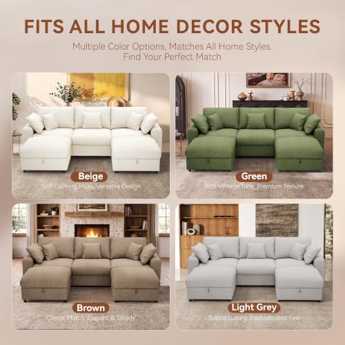 Ihanherry Oversized Cloud Sectional Couches for Living Room, Modular Sectional Sofa with Wide Deep Seat, Coner Couch with Throw Pillow and Storage Ottoman, Beige
