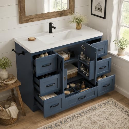 YOPTO 48" Bathroom Vanity with Sink, Freestanding Bathroom Cabinet | Ceramic Top & Backsplash, 7 Storage Drawers, X-Shaped Doors, Adjustable Shelving, Door Storage and Towel Bar, Navy Blue