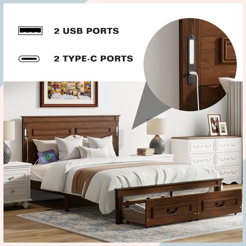 Queen Size Bed Frame with 2 Storage Drawers & Tall-Panel Headboard