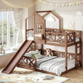 Twin Over Full House Bunk Bed with Slide, Wood Playhouse Loft Bunk Bed Frame with X-Shaped Safety Guardrails, Window & Storage Space, Space-Saving, No Box Spring Needed, Natural