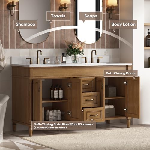 60 Inch Bathroom Vanity with Double Sink Combo, Light Walnut | Classic Cabinet with Countertop & Backsplash, Solid Wood Frame with Soft Closing Doors & 3 Dovetail Drawers, Ceramic Sink