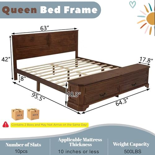 Farmhouse Queen Bed Frame with Tall Headboard, Rustic Solid Wood Platform Bed Queen Size with Storage Bench and 2 Large Drawers, No Squeak, No Box Spring Needed, Walnut