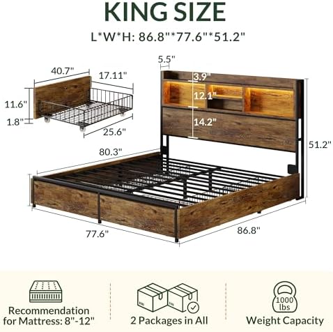 LARMACE King Size Bed Frame with 6 Storage Drawers and Headboard Wooden Platform Bed Frame with LED Lights and Charging Station Easy Assembly/No Box Spring Needed/Vintage Brown