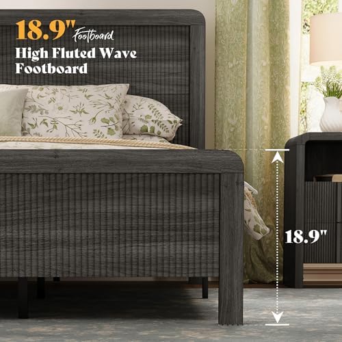 AMERLIFE Queen Wood Bed Frame with Fluted Headboard & Footboard, Black