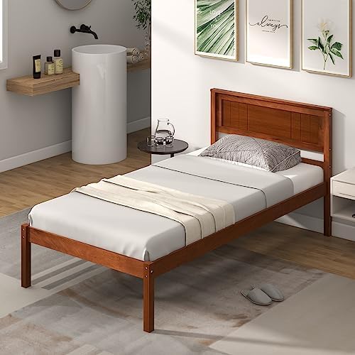 GIANTEX Twin Bed Frames with Headboard, Solid Wood Platform Bed with Wood Slat Support, Single Bed with 16" Under Bed Storage, Twin Bed Frames for Kids Adults Guests, Easy Assembly, Walnut
