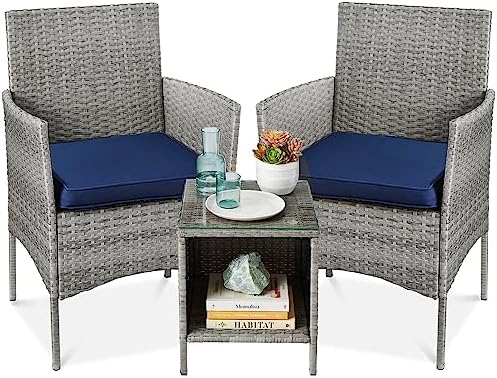 Best Choice Products 3-Piece Outdoor Wicker Conversation Bistro Set, Space Saving Patio Furniture for Garden w/Side Table - Gray/Navy