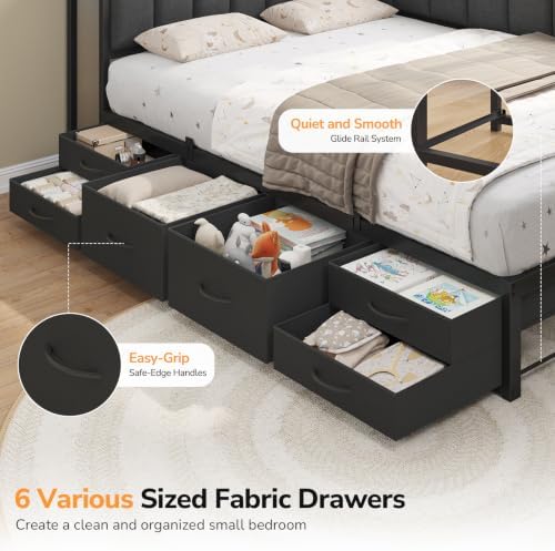 Full Corner Bed Frame with Storage Shelves, 6 Drawers,Charging Station,Grey