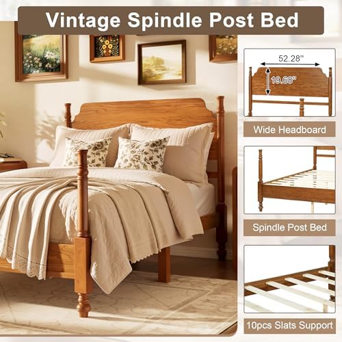 Vintage Wood Full Bed Frame, Traditional Spindle Platform Bed with Tall Headboard, Light Walnut Antique Style 4-Poster Design, Under Bed Storage, No Box Spring Needed