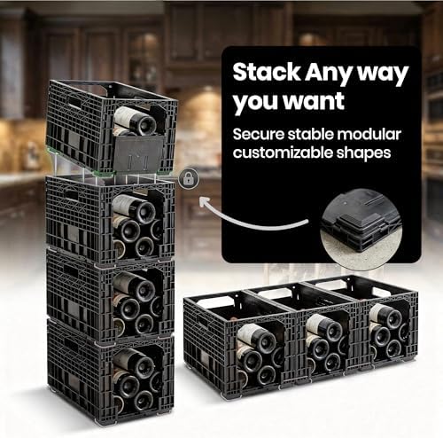 Stackable Wine Rack for Cabinet,12-Bottle Crate, Set of 6, Black
