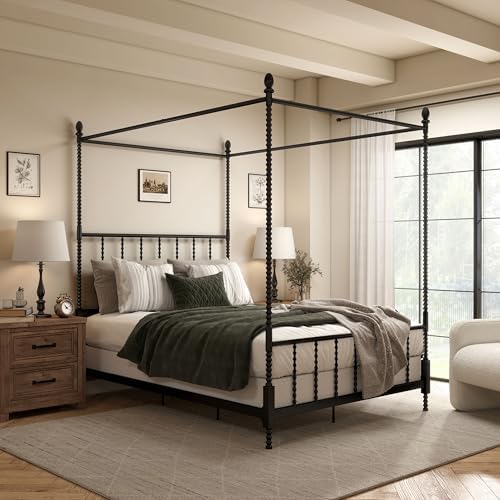 Furniture of America Vaeli Modern Metal Full Size Four Poster Bed Frame with Spindles, Canopy Bedframe for Bedroom, Guest Room, Box Spring Required, Black