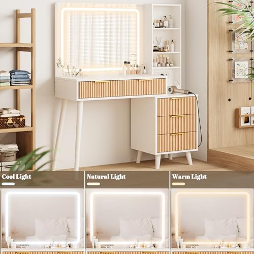 Makeup Vanity Desk with Mirror and Lights, Makeup Desk with 3 Shelves& 5 Drawers, Vanity Table with Power Outlet, 3 Color Adjustable Lighting Dressing Table Set for Bedroom