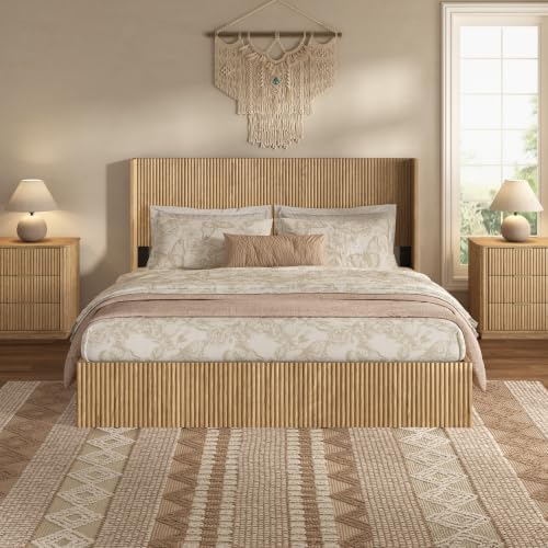 VMU Fluted Queen Size Platform Bed Frame with Lift up Storage