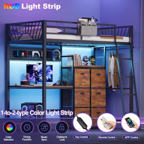 Decofy Twin Loft Bed with Desk and 6 Storage Drawers, Metal Loft Bed Twin Size with Charging Station & LED Lights, Bed Frame with Hanging Rod, Safety Ladder & Guardrail, Bedside Caddy for Kids, Teens