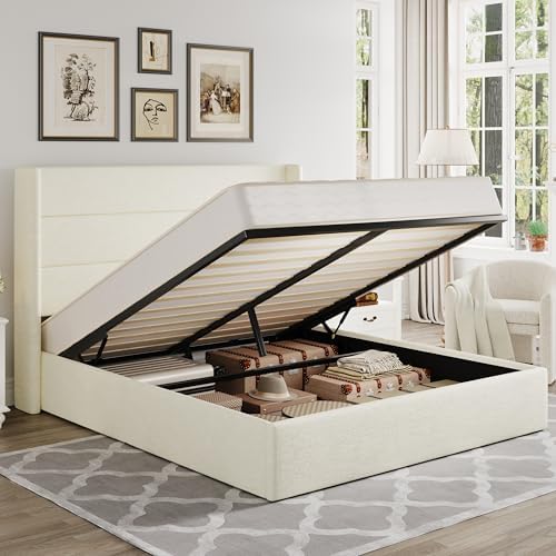 Allewie Full Size Chenille Lift Up Hydraulic Storage Bed Frame Cream White