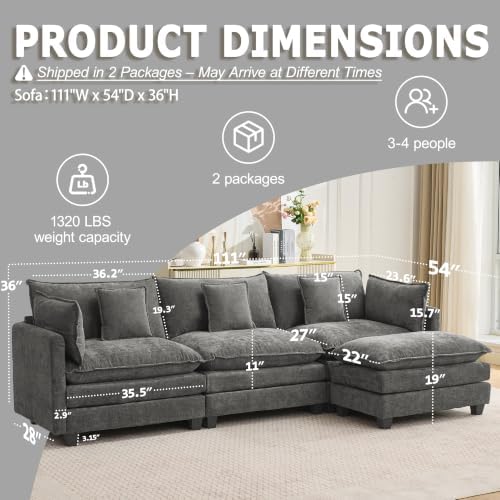 111" Modular Sectional Sofa, L Shaped Cloud Couch with Ottoman