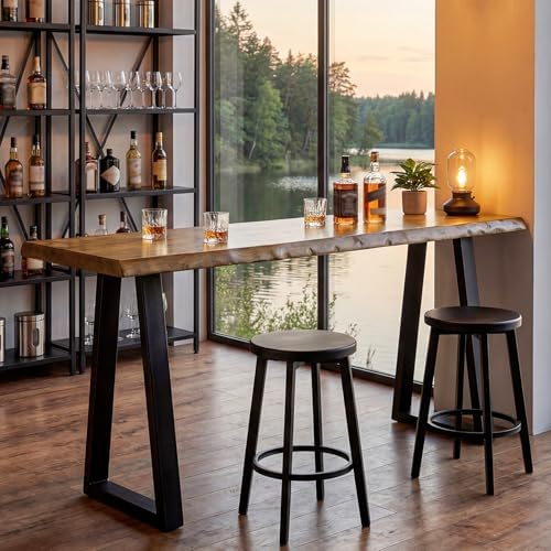 Solid Wood Bar Table, 63” Natural Live Edge Counter Height Table with Metal Legs, Rustic Industrial Long Pub Table for Kitchen, Coffee Bar, Dining Room, Restaurant, Brown & Black
