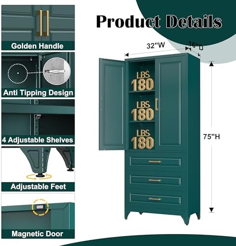 SteeLoong 75" Metal Storage Cabinet with Doors and 2 Adjustable Shelves | Kitchen Pantry Cabinet with 3 Drawers,Green Kitchen Cabinet with 2 Gold Handles,Food Cupboard for Livingroom,Pantry, Bathroom