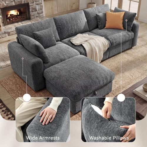 Ihanherry Cloud Sectional Couches for Living Room, 110" Large Modular Sectional Sofa with Wide Deep Seat, L Shaped Couch with Throw Pillow and Storage Ottoman, Dark Grey