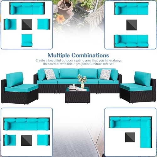 Shintenchi 7 Piece Outdoor Patio Furniture Set with Black PE Rattan, Blue