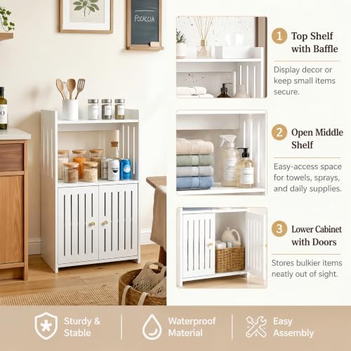 HAYOFAMY 3-Tier Bathroom Storage Cabinet 8.7" D x 14.2" W x 24.8" H | White Floor Cabinet, Freestanding Organizer with Door, for Living Room Kitchen Small Space, PVC Material
