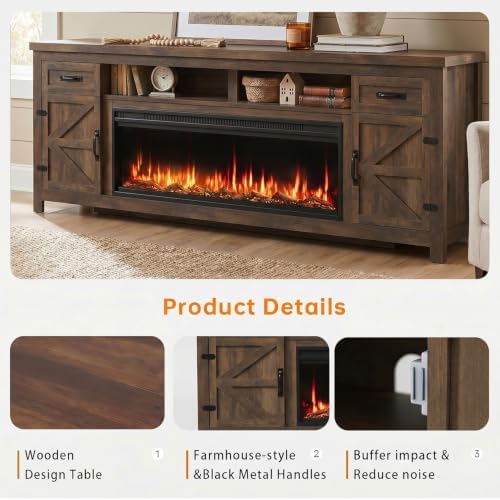 Fireplace TV Stand with Barn Door, 95 inch, Walnut