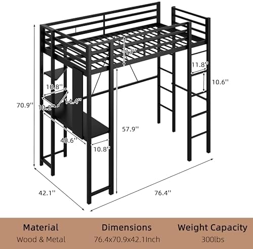 Nuturelly Twin Size Loft Bed with Desk, 13" Guardrails, Noise-Free, Black