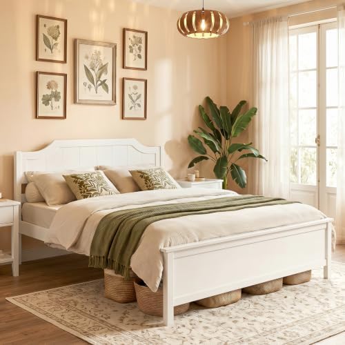 GIANTEX Queen Size Wooden Bed Frame with Headboard, Wood Slat Support