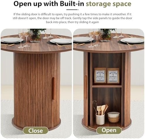 31.5" Round Dining Table for 2-4, Modern Farmhouse Kitchen Table with 2-Tier Storage Shelf, Small Wooden Circle Dining Tables with Fluted Base for Home Dining Room Living Room (Walnut)
