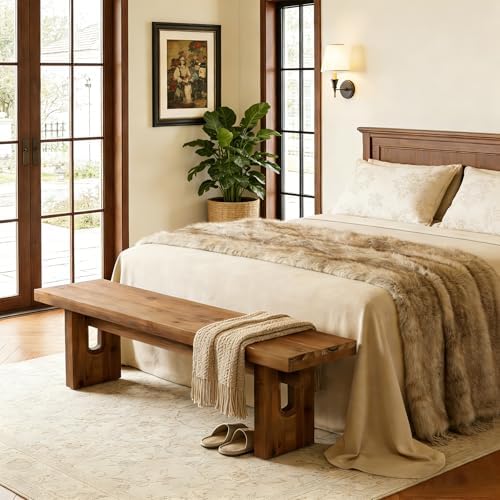 63" Solid Wood Bench, Extra Long Farmhouse Dining Bench for Kitchen Table, Rustic Wooden Entryway Bench, End of Bed Indoor Seating, Natural Brown