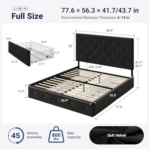 Allewie Full Size Storage Bed Frame with 4 Underbed Drawers, Upholstered Platform Bed with Adjustable Headboard, Diamond Button Tufted, Easy Assembly, Noise-Free, No Box Spring Needed, Soft Black