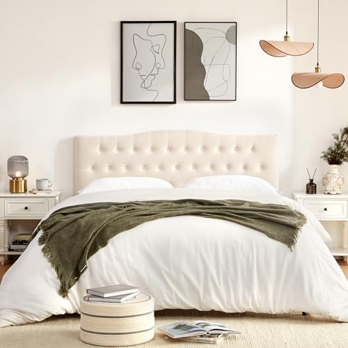 Tufted Headboard King Size, Solid Wood Adjustable Height Head Board, Beige