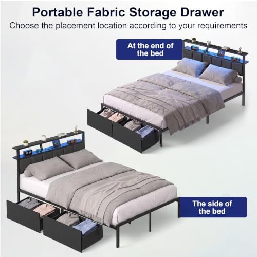 Full Size Bed Frame with Storage Drawers, Charging Station and LED Lights, Upholstered Headboard with 2-Tier Shelves, Heavy Duty Metal Slats, No Box Spring Needed, Noise Free, Easy Assembly