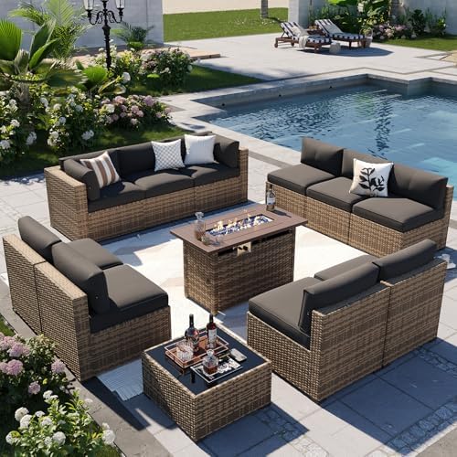 Aoxun Patio Furniture Sets, 12-Piece Outdoor Patio Furniture with 44'' Propane Gas Firepit Table, Wicker Outdoor Conversation Set Sectional Sofa for Backyard, Poolside, Garden
